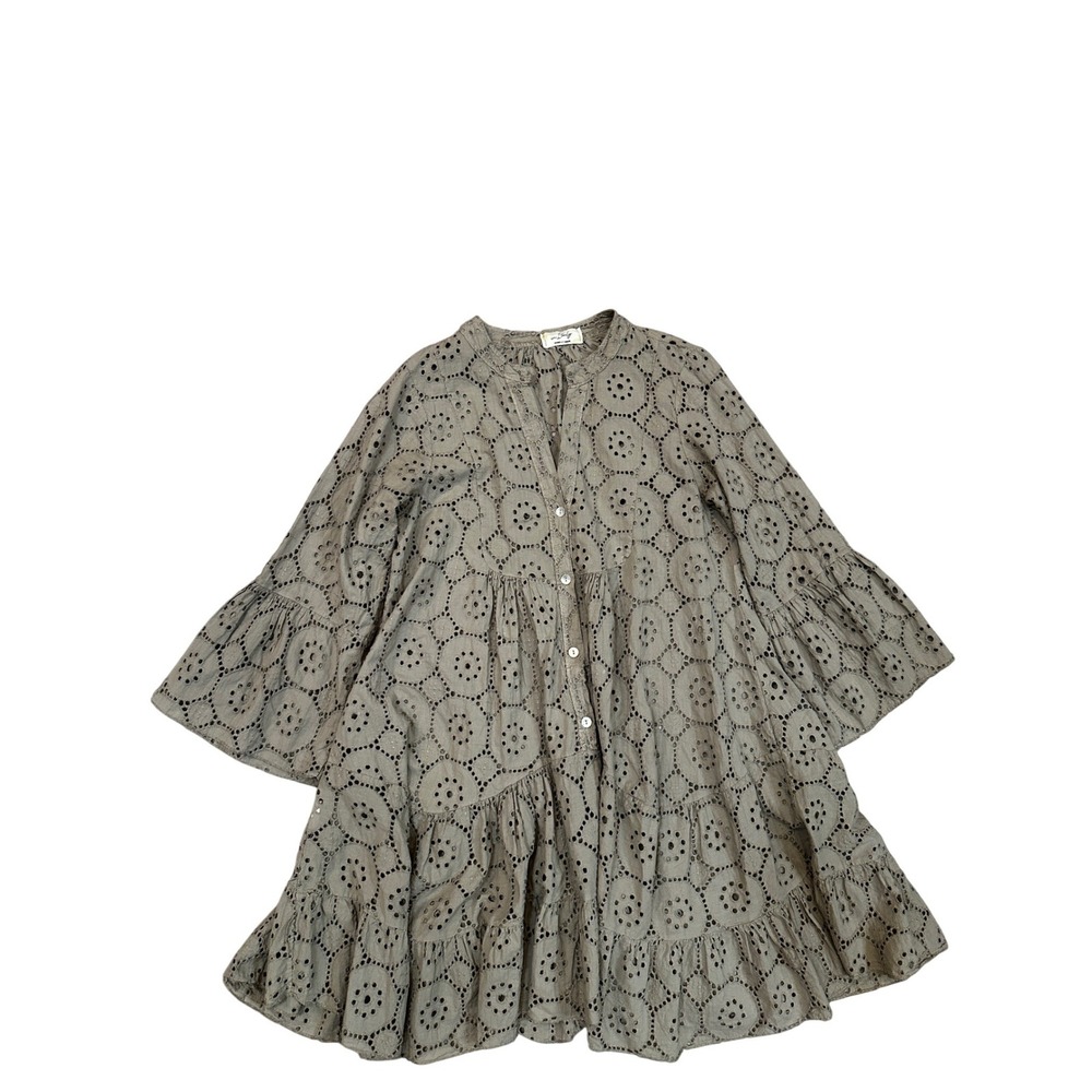 Made In Italy Green Eyelet Tiered Bell Sleeve Babydoll Mini Dress Tunic Medium